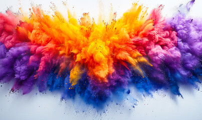Vibrant Explosion of Yellow, Purple, Orange, and Blue Holi Powder on White Background - Dynamic Festive Abstract Art
