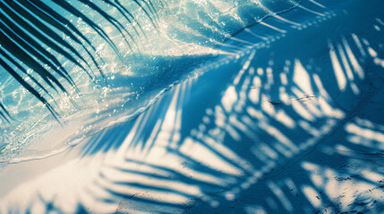 Naklejka premium Palm Tree Shadow on White Sand Beach for Summer and Travel with copy space text for summer and travel websites