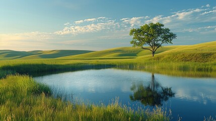 A peaceful countryside scene with rolling hills, a tranquil pond, and a lone tree standing against the horizon, embodying the tranquility and serenity of rural life.