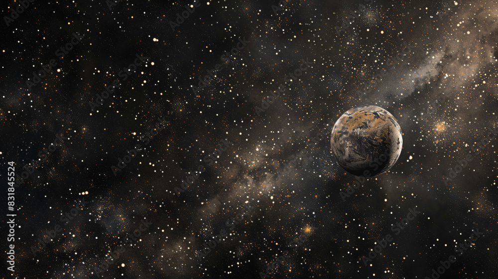 Poster dark space with planet and stars for science and astronomy with copy space text for science and astr