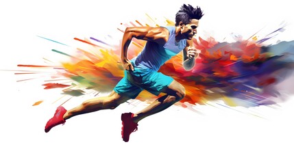 painted abstract color illustration of running man on white background