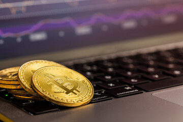 Bitcoin gold coin. Cryptocurrency on computer a keyboard and business chart on screen on background.