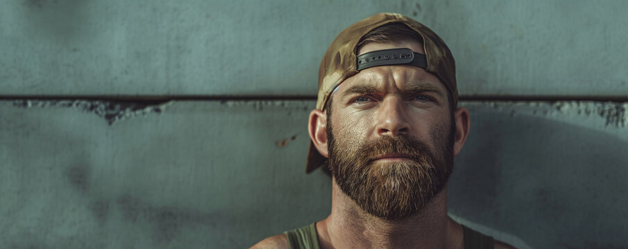 portrait of a strong bearded man in a baseball cap
