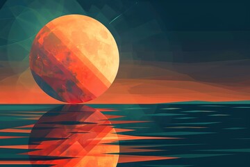Abstract digital illustration of a full moon reflecting on calm ocean waters, showcasing vibrant colors and geometric patterns in a night sky.