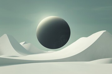 Futuristic landscape with a large black sphere hovering above smooth, white dunes under a teal sky, evoking a sense of mystery and surrealism.