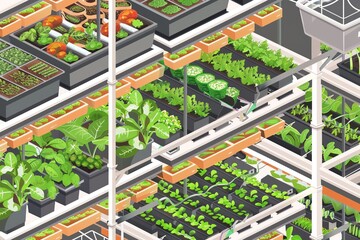 Isometric indoor garden with various plants and vegetables, showcasing modern vertical farming in a controlled environment.