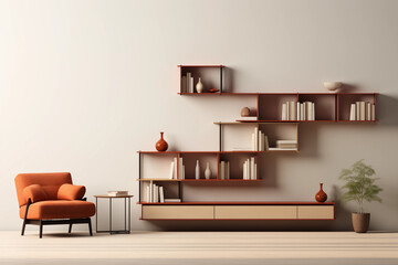 Modern living room interior with orange armchair coffee table and bookshelves on the wall
