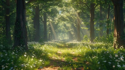 Obraz premium A tranquil forest scene with dappled sunlight filtering through the trees, inviting viewers to imagine themselves taking a peaceful stroll and reconnecting with nature.