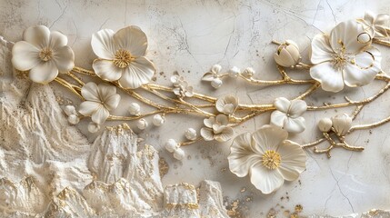 Volumetric Japanese patterns with gold elements and flowers.