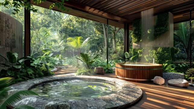 A tranquil outdoor spa oasis with a scenic view of nature, featuring a wooden hot tub surrounded by lush greenery and natural stone accents, providing a peaceful retreat for relaxa