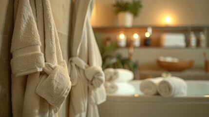 An elegant spa setting with soft, plush robes hanging on hooks, fluffy towels neatly folded, and a calm atmosphere, inviting viewers to unwind and pamper themselves.