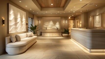 An inviting image of a spa reception area, with plush seating, soft lighting, and tranquil decor, creating a welcoming space for clients to relax before their rejuvenating massage