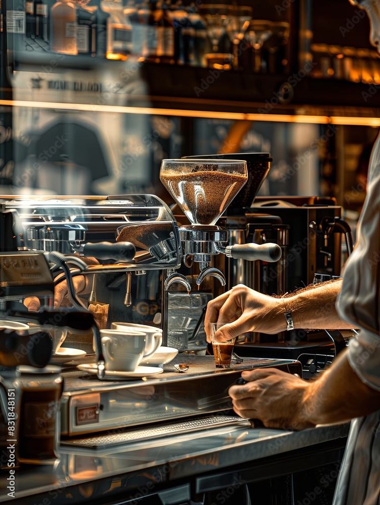 Poster a skilled man meticulously fine-tuning a coffee machine in a bustling coffee shop, creating the perf
