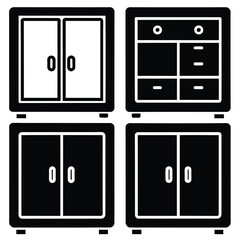 Set of Solid black outline cabinet icon, closet vector, locker design