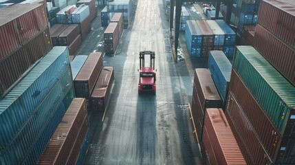 Fototapeta premium A panoramic view of a forklift lifting a container box onto a truck bed in a depot, with rows of stacked containers stretching into the distance.