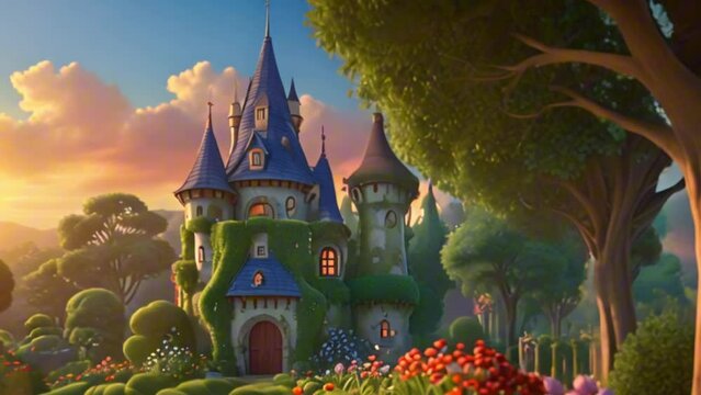 a painting of a castle surrounded by trees and flowers