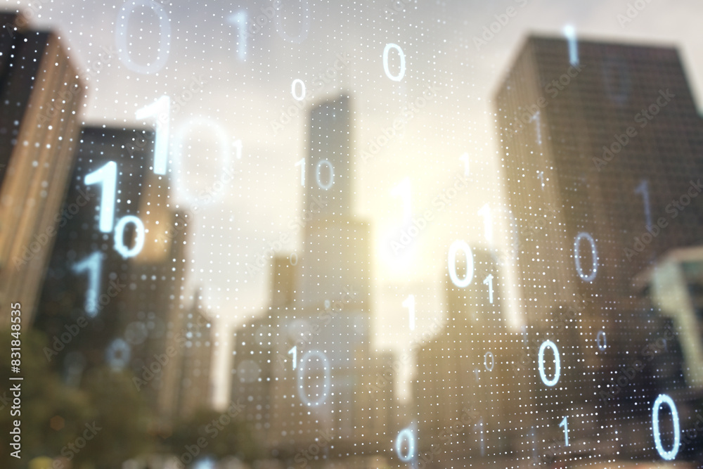 Leinwandbilder abstract virtual binary code hologram on modern architecture background, ai and machine learning con
