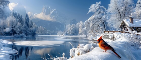 A winter landscape featuring a serene snow-covered lake, trees, and a vibrant red cardinal near a rustic cabin under a clear blue sky.
