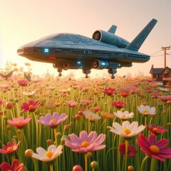 A tiny spaceship landing in a field of flowers, photo vj