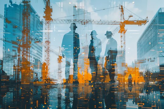 Civil Engineer Jobs, Double exposure of Project Management Team and Construction Site with tower crane background, Engineer Designer Consultant and Architecture Team concept