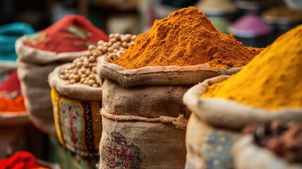 colorful various indian spices and dried herbs in bags, in an Indian street market © Schmidt