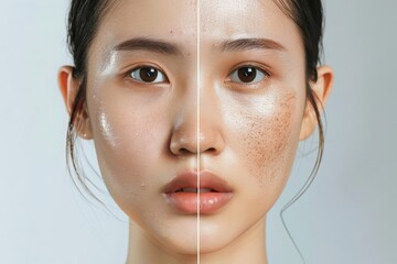 Comparison Portrait of Beautiful Asian woman. Dark spots and new skin, Before - After skin care and clean concept, Beauty treatment process of aging for rejuvenation