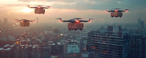Futuristic Drone Fleet Ensuring Contactless Deliveries in a Thriving Urban Landscape