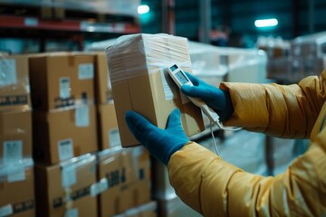 Hand of worker using thermometer to temperature measurement in the goods boxes with ready meals after import in the cold room or warehouse for keep temperature room