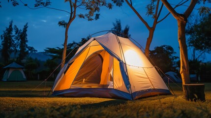 Outdoor camping tent with tarp or flysheet on grass courtyard and warm night light under dark blue sky twilight time, family vacation picnic on holiday relax, Overview of camping of family tourist