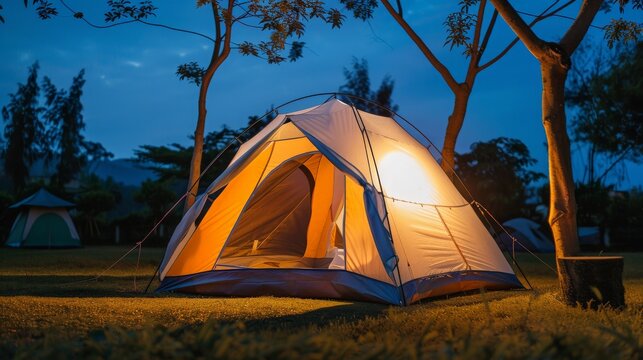 Outdoor camping tent with tarp or flysheet on grass courtyard and warm night light under dark blue sky twilight time, family vacation picnic on holiday relax, Overview of camping of family tourist