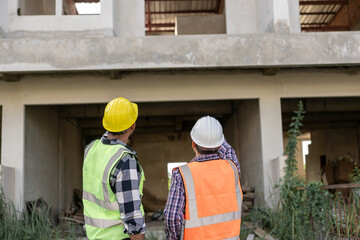 Foreman, engineer or architect wearing hard hat holds laptop and blueprints to check details about real estate construction in Construction area of ​​an unfinished building