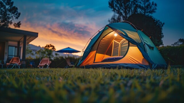 Outdoor camping tent with tarp or flysheet on grass courtyard and warm night light under dark blue sky twilight time, family vacation picnic on holiday relax, Overview of camping of family tourist