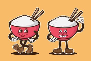 mascot character rice with bowl and chopstick, groovy character, food retro, set of vintage character