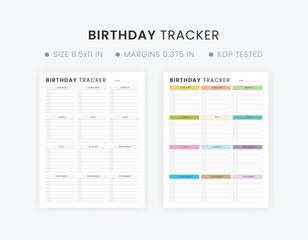 Printable Birthday Tracker Template, Birthday Calendar Design, Happy Birthday List, Birthday Planner Letter Size Paper Kdp Interior