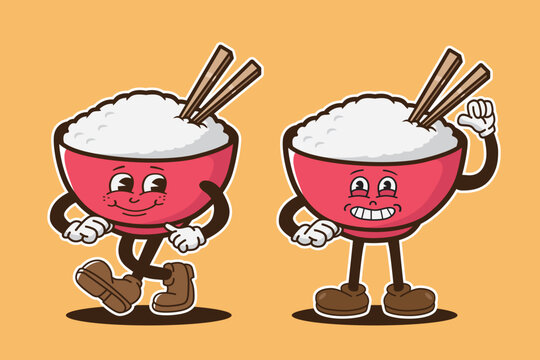 mascot character rice with bowl and chopstick, groovy character, food retro, set of vintage character