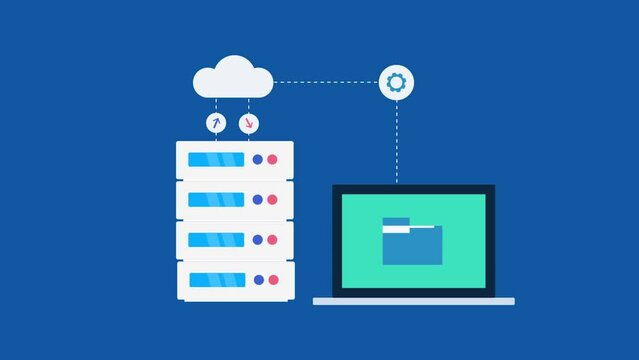 Cloud migration data transmission from server application to digital device, information technology video animation.