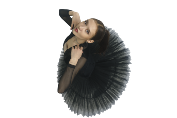 portrait of a young ballerina in a black tutu dancing with her hands moving top view, immersion in dance, isolated on transparent background, png