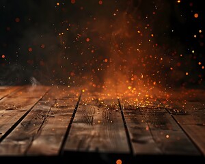 wooden table with fire burning, light smoke and golden sparks floating in the air
