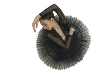 portrait of a young ballerina in a black tutu dancing with her hands moving top view, immersion in dance, isolated on transparent background, png