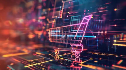 An abstract CGI image of a glowing shopping cart icon against a digital backdrop, with geometric shapes and patterns adding visual interest to the image. 