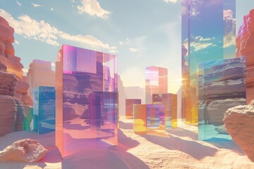 Digital generated image of abstract multicolored semi transparent cubic shapes in desert environment
