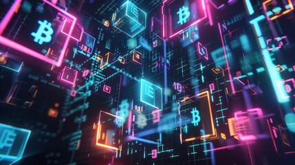 An abstract CGI image of blockchain-inspired elements and digital wallets against a dark background, with glowing neon colors and futuristic design elements.