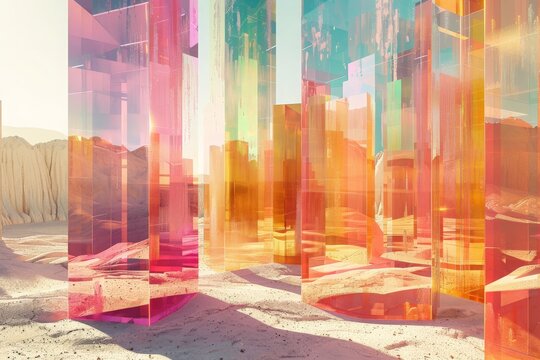 Digital generated image of abstract multicolored semi transparent cubic shapes in desert environment