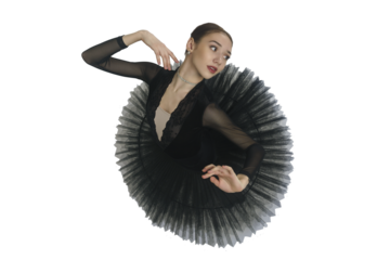 portrait of a young ballerina in a black tutu dancing with her hands moving top view, immersion in dance, isolated on transparent background, png