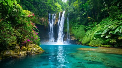 A pristine waterfall cascades into a turquoise pool, surrounded by vibrant foliage and exotic flowers.