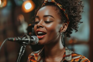 American African woman singing into a microphone