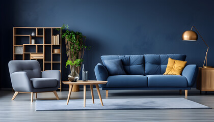Fototapeta premium Dark blue sofa and recliner chair in sanding, Sophisticated Seating: Dark Blue Sofa and Recliner Chair Pairing in Sanding