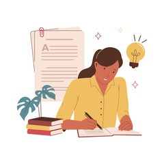 Flat design of woman writing essay. Flat illustration concept