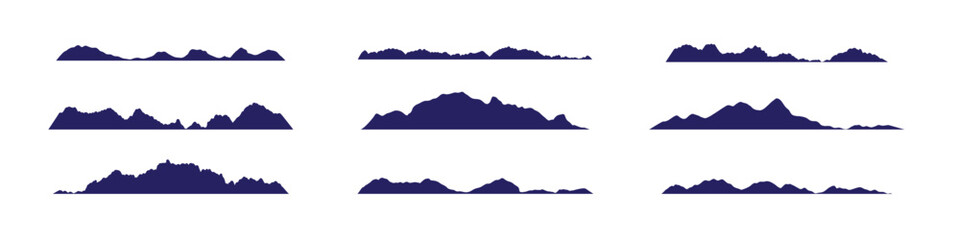 Mountains silhouette set isolated on white background. Hill and rock nature landscape