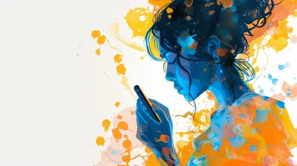 Modern digital art of woman adding stickers to phone case, chic mobile decor, trendy accessories, silhouette design.